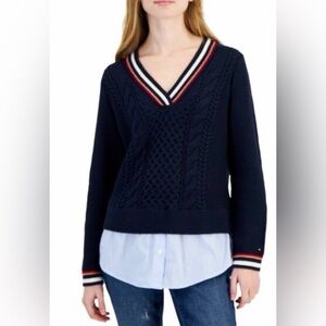 Tommy Hilfiger Navy V-Neck Sweater with Red and White Trim